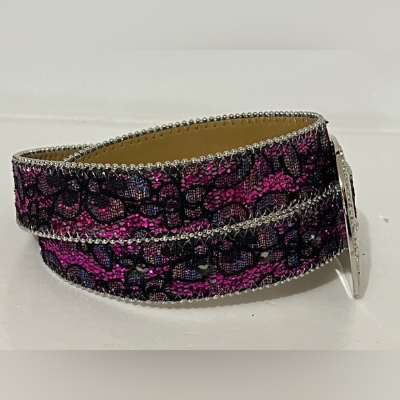 Nocona | Pink and Black Lace with Rhinestone Buckle Belt - Picture 5 of 9